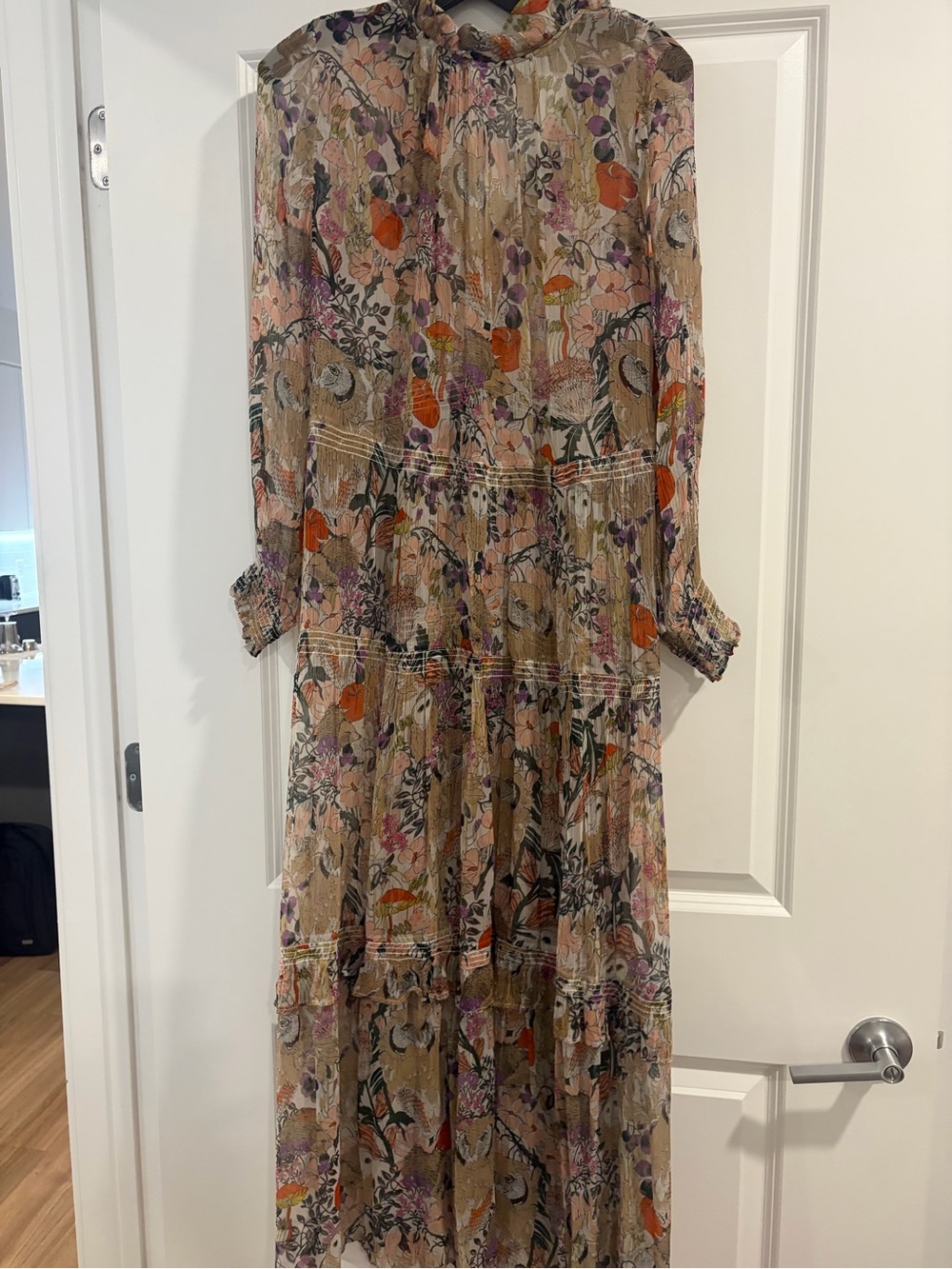 Anthropologie Beige Floral Tiered Maxi Dress with Orange & Purple Florals